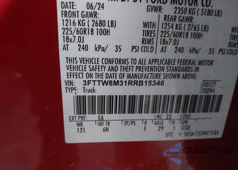 2024 Ford Maverick Lariat from USA, damaged, VIN 3FTTW8M31RRB15346